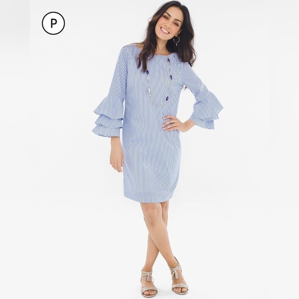 Chicos 00 Petite Striped Drama-Sleeve Dress small blue white